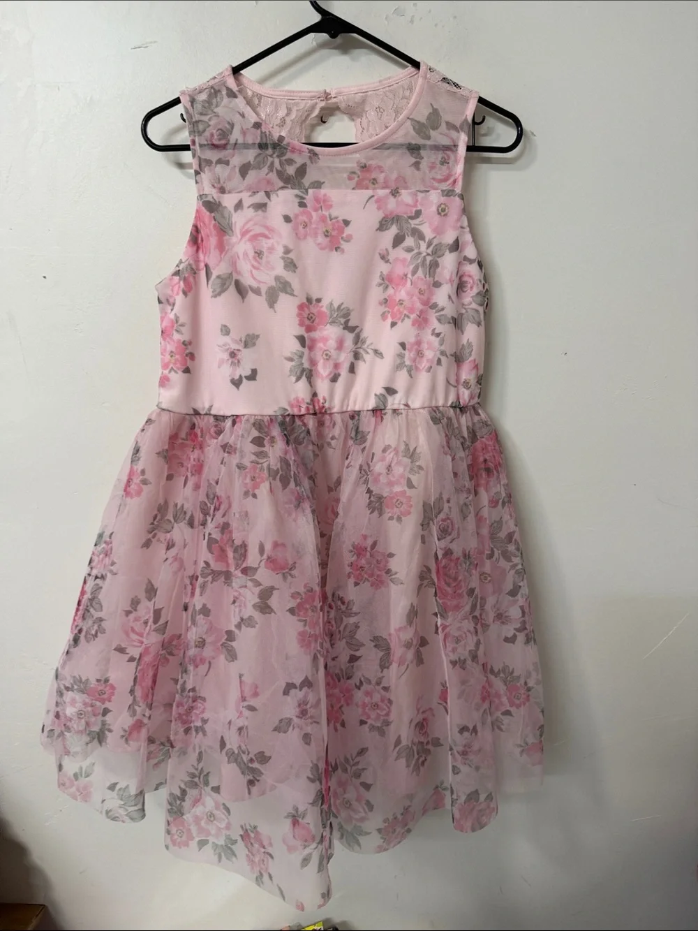 Girls' Pink Floral Lace-Back Tulle Dress